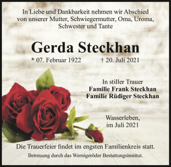 Traueranzeige von Gerda Steckhan  von Magdeburger Volksstimme