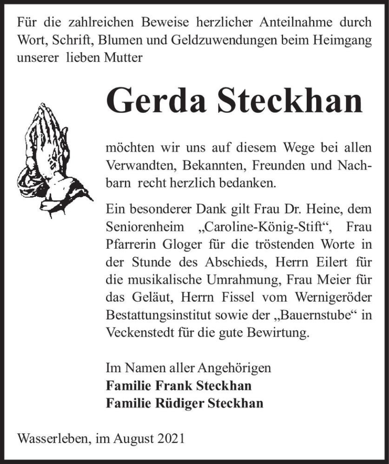 Traueranzeige für Gerda Steckhan  vom 13.08.2021 aus Magdeburger Volksstimme