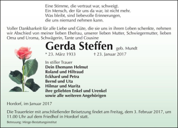 Traueranzeige von Gerda Steffen (geb. Mundt)  von Magdeburger Volksstimme