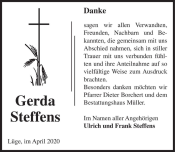 Traueranzeige von Gerda Steffens  von Magdeburger Volksstimme