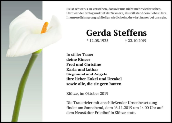 Traueranzeige von Gerda Steffens  von Magdeburger Volksstimme