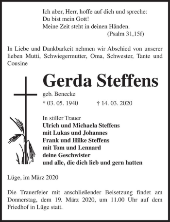 Traueranzeige von Gerda Steffens (geb. Benecke)  von Magdeburger Volksstimme
