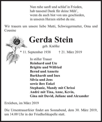 Traueranzeige von Gerda Stein (geb. Knölke)  von Magdeburger Volksstimme