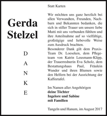 Traueranzeige von Gerda Stelzel  von Magdeburger Volksstimme
