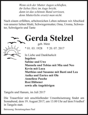 Traueranzeige von Gerda Stelzel (geb. Metz)  von Magdeburger Volksstimme