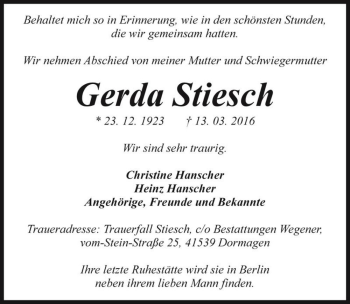 Traueranzeige von Gerda Stiesch  von Magdeburger Volksstimme