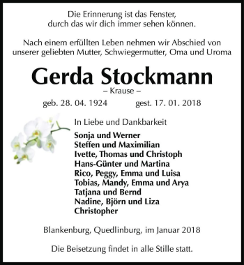 Traueranzeige von Gerda Stockmann  - Krause -  von Magdeburger Volksstimme