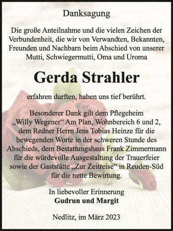 Traueranzeige von Gerda Strahler  von Magdeburger Volksstimme