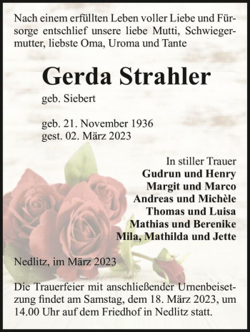 Traueranzeige von Gerda Strahler (geb. Siebert)  von Magdeburger Volksstimme