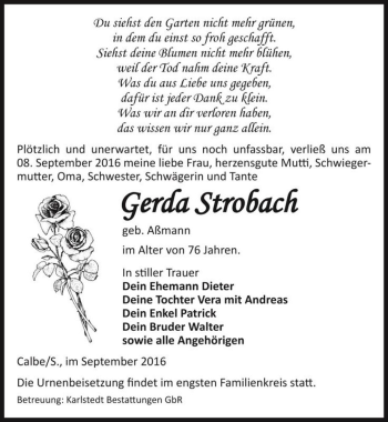 Traueranzeige von Gerda Strobach (geb. Aßmann)  von Magdeburger Volksstimme