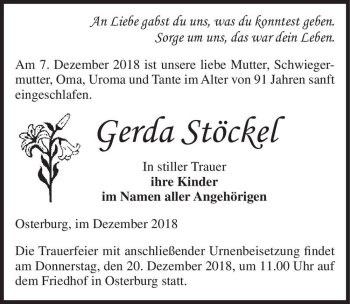 Traueranzeige von Gerda Stöckel  von Magdeburger Volksstimme