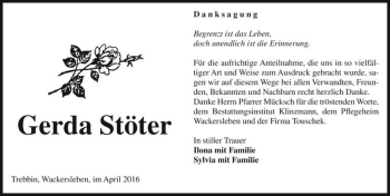 Traueranzeige von Gerda Stöter  von Magdeburger Volksstimme