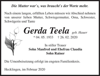Traueranzeige von Gerda Teela (geb. Hauer)  von Magdeburger Volksstimme