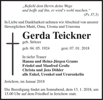 Traueranzeige von Gerda Teickner (geb. Stötzer)  von Magdeburger Volksstimme