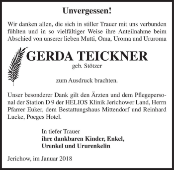 Traueranzeige von Gerda Teickner (geb. Stötzer)  von Magdeburger Volksstimme