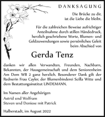 Traueranzeige von Gerda Tenz  von Magdeburger Volksstimme