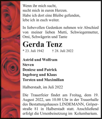 Traueranzeige von Gerda Tenz  von Magdeburger Volksstimme