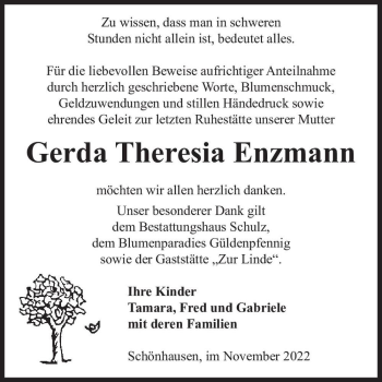 Traueranzeige von Gerda Theresia Enzmann  von Magdeburger Volksstimme