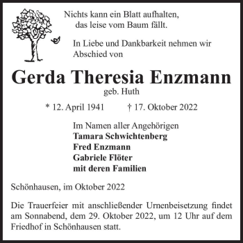 Traueranzeige von Gerda Theresia Enzmann (geb. Huth)  von Magdeburger Volksstimme