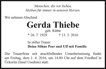 Traueranzeige von Gerda Thiebe (geb. Ribbe)  von Magdeburger Volksstimme