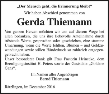 Traueranzeige von Gerda Thiemann  von Magdeburger Volksstimme