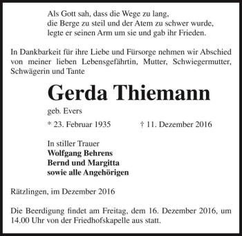 Traueranzeige von Gerda Thiemann (geb. Evers)  von Magdeburger Volksstimme