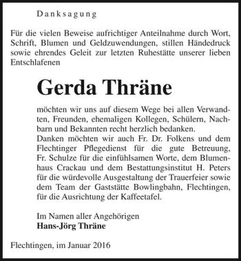 Traueranzeige von Gerda Thräne  von Magdeburger Volksstimme