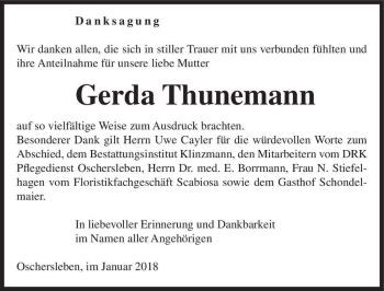 Traueranzeige von Gerda Thunemann  von Magdeburger Volksstimme