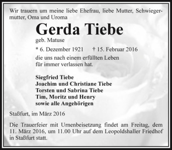 Traueranzeige von Gerda Tiebe (geb. Matuse)  von Magdeburger Volksstimme