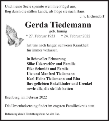 Traueranzeige von Gerda Tiedemann (geb. Immig)  von Magdeburger Volksstimme