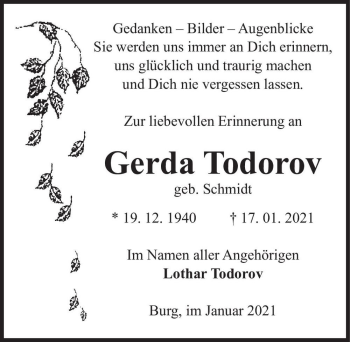 Traueranzeige von Gerda Todorov (geb. Schmidt)  von Magdeburger Volksstimme