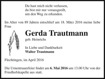 Traueranzeige von Gerda Trautmann (geb. Heinrichs)  von Magdeburger Volksstimme