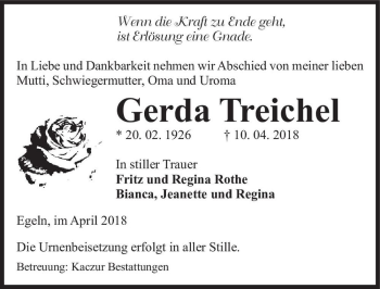 Traueranzeige von Gerda Treichel  von Magdeburger Volksstimme