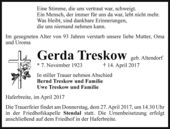 Traueranzeige von Gerda Treskow (geb. Altendorf)  von Magdeburger Volksstimme