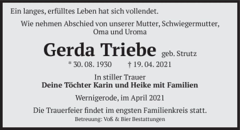 Traueranzeige von Gerda Triebe (geb. Strutz)  von Magdeburger Volksstimme
