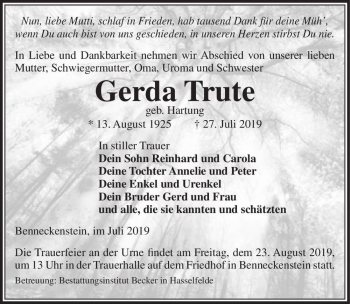 Traueranzeige von Gerda Trute (geb. Hartung)  von Magdeburger Volksstimme