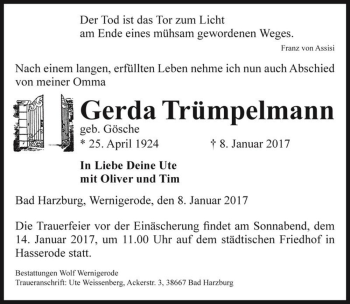 Traueranzeige von Gerda Trümpelmann (geb. Gösche)  von Magdeburger Volksstimme