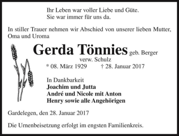 Traueranzeige von Gerda Tönnies (geb. Berger)  von Magdeburger Volksstimme