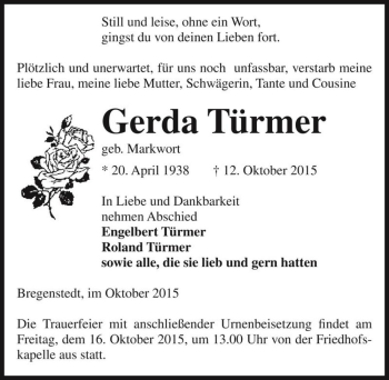 Traueranzeige von Gerda Türmer (geb. Markwort)  von Magdeburger Volksstimme