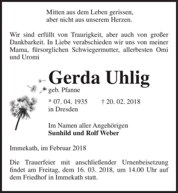Traueranzeige von Gerda Uhlig (geb. Pfanne)  von Magdeburger Volksstimme
