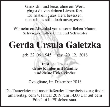 Traueranzeige von Gerda Ursula Galetzka  von Magdeburger Volksstimme