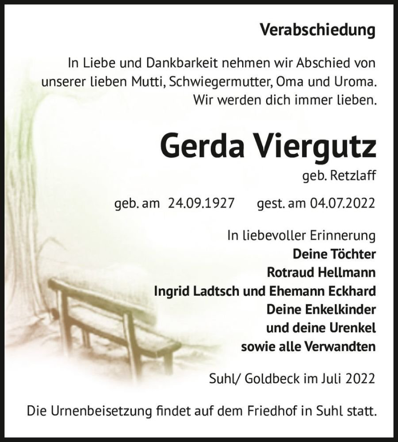  Traueranzeige für Gerda Viergutz (geb. Retzlaff)  vom 16.07.2022 aus Magdeburger Volksstimme