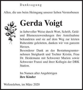 Traueranzeige von Gerda Voigt  von Magdeburger Volksstimme