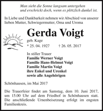 Traueranzeige von Gerda Voigt (geb. Kage)  von Magdeburger Volksstimme