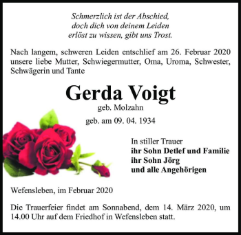 Traueranzeige von Gerda Voigt (geb. Molzahn)  von Magdeburger Volksstimme