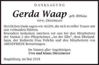 Traueranzeige von Gerda Waap (geb. Bittkau, verw. Dietzmeyer)  von Magdeburger Volksstimme