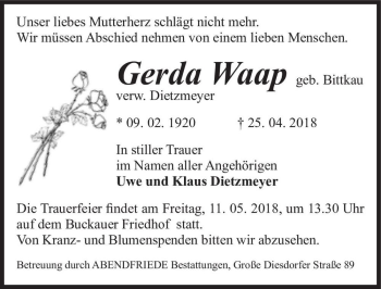 Traueranzeige von Gerda Waap (geb. Bittkau, verw. Dietzmeyer)  von Magdeburger Volksstimme