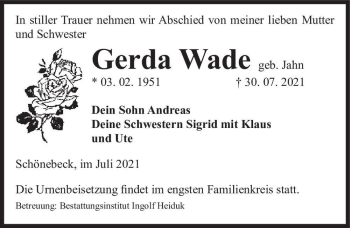 Traueranzeige von Gerda Wade (geb. Jahn)  von Magdeburger Volksstimme