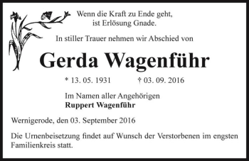 Traueranzeige von Gerda Wagenführ  von Magdeburger Volksstimme