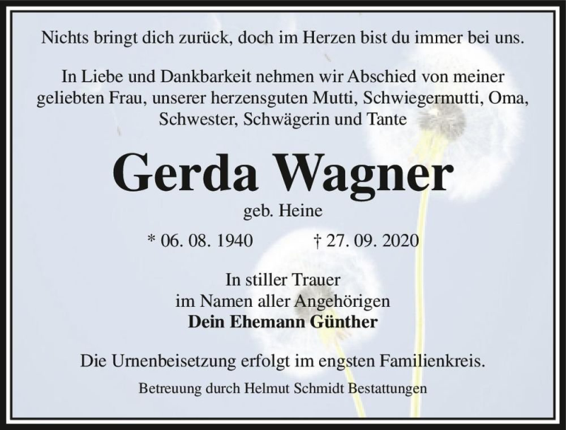  Traueranzeige für Gerda Wagner (geb. Heine)  vom 10.10.2020 aus Magdeburger Volksstimme